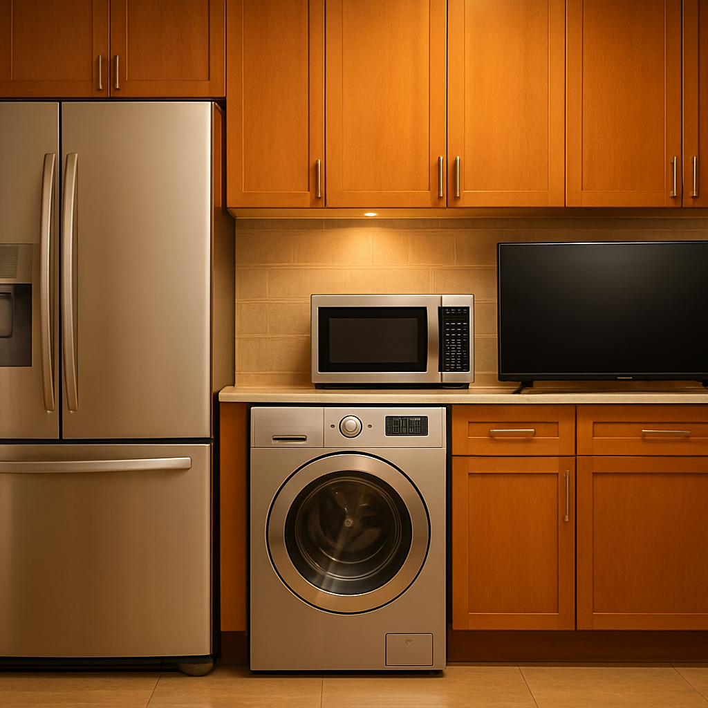 Modern home appliances including refrigerator, washing machine, microwave, and LED TV